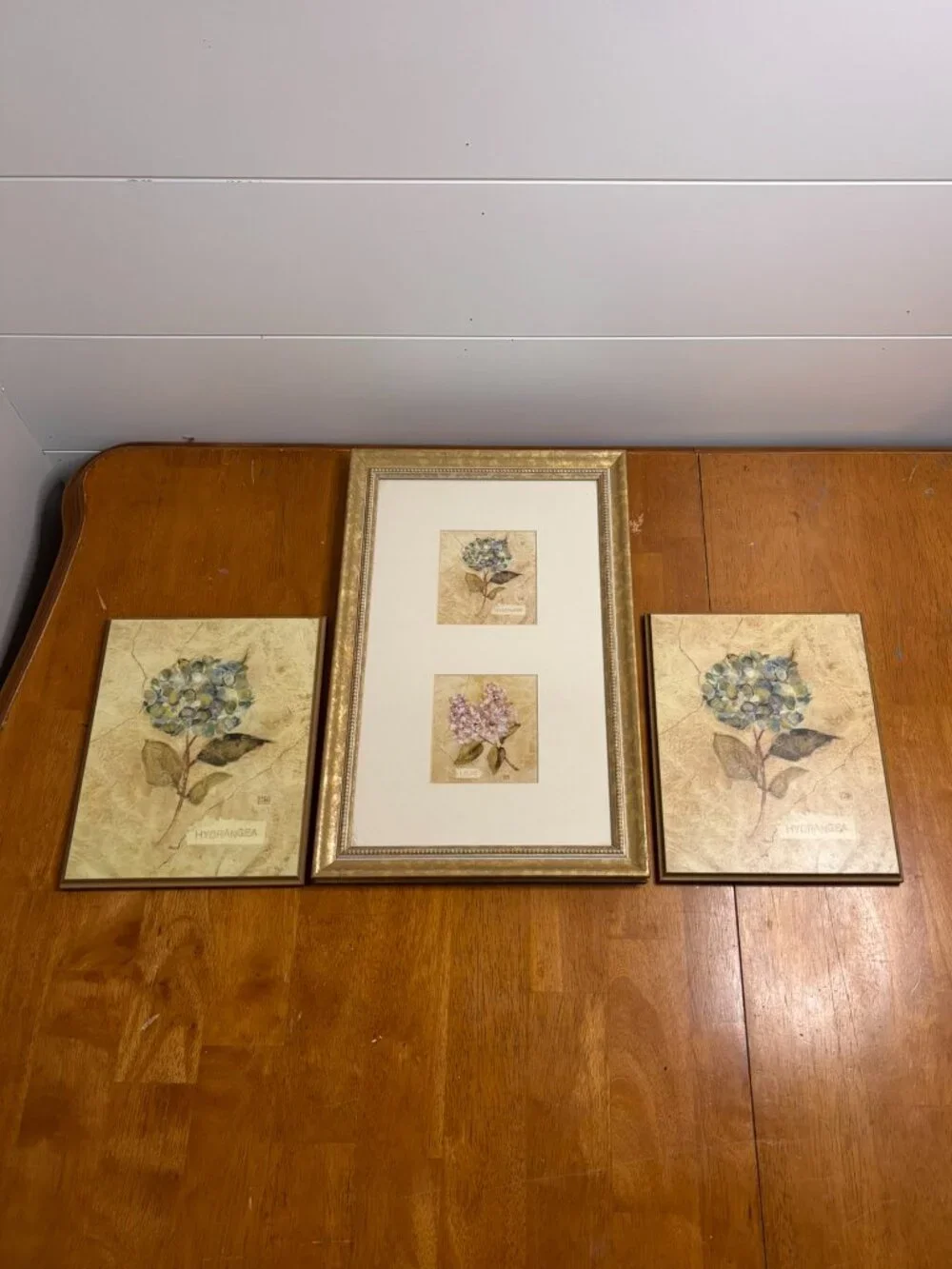 VTG Cheri Blum Vintage Floral Art Trio Hydrangea Lilac Cracked Linen 3pc Set